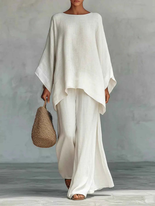 Solid Color Long Sleeve Top and Wide Leg Pants Set