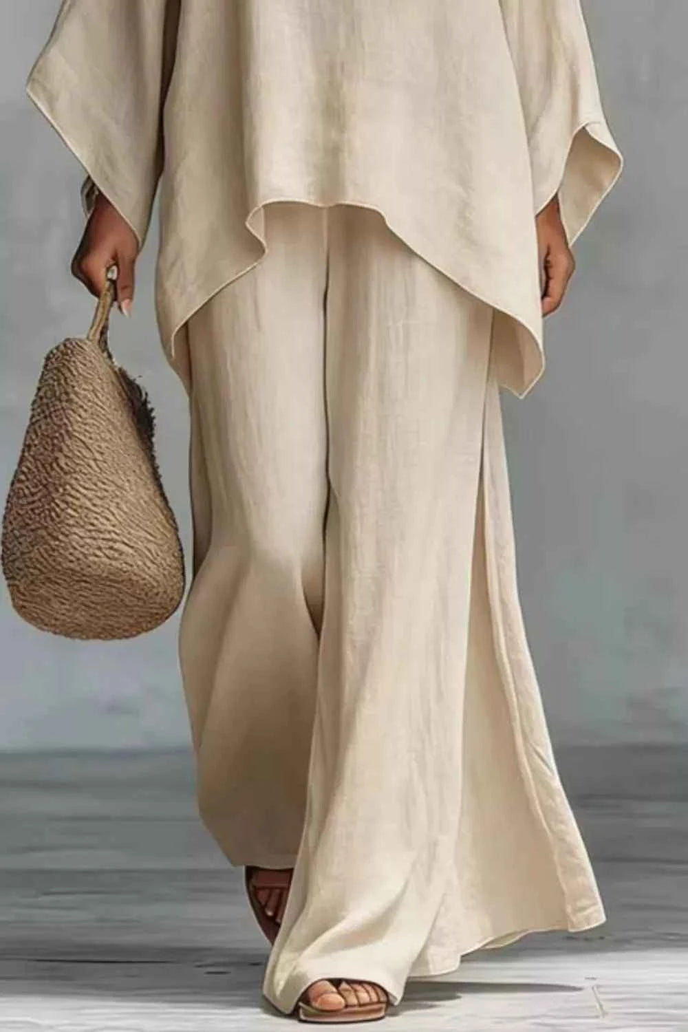 Solid Color Long Sleeve Top and Wide Leg Pants Set