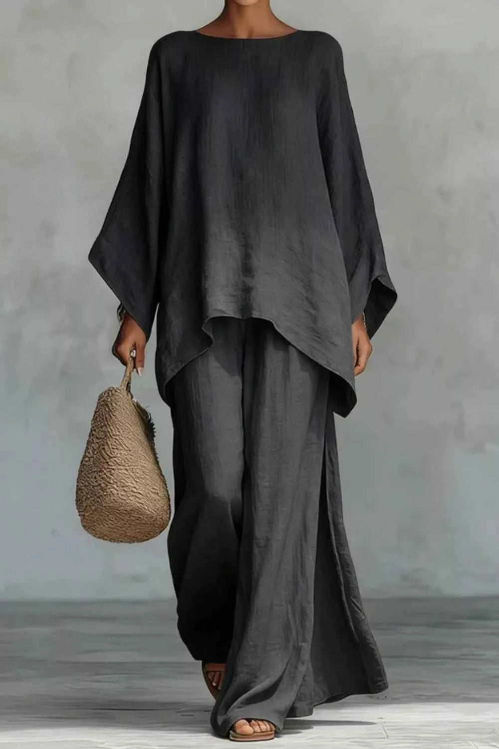 Solid Color Long Sleeve Top and Wide Leg Pants Set