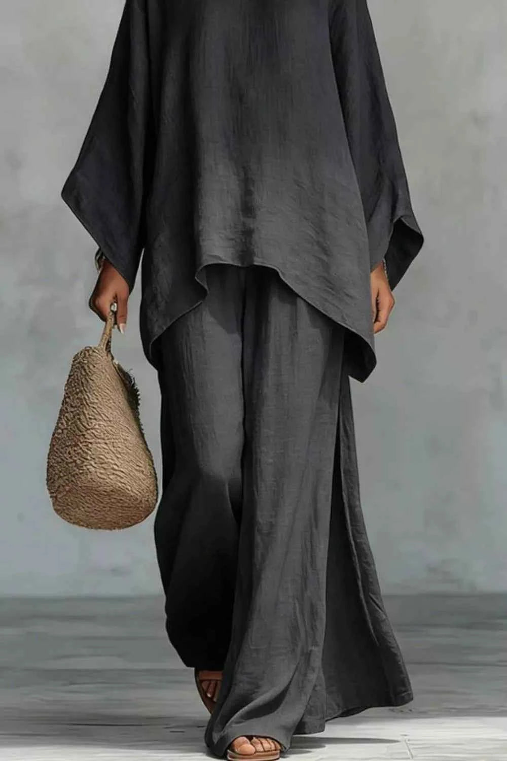 Solid Color Long Sleeve Top and Wide Leg Pants Set