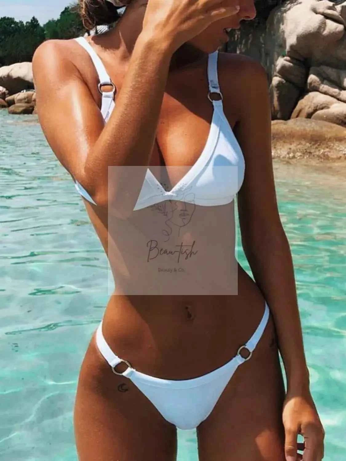 Solid Color Ring Detail Bikini Set
