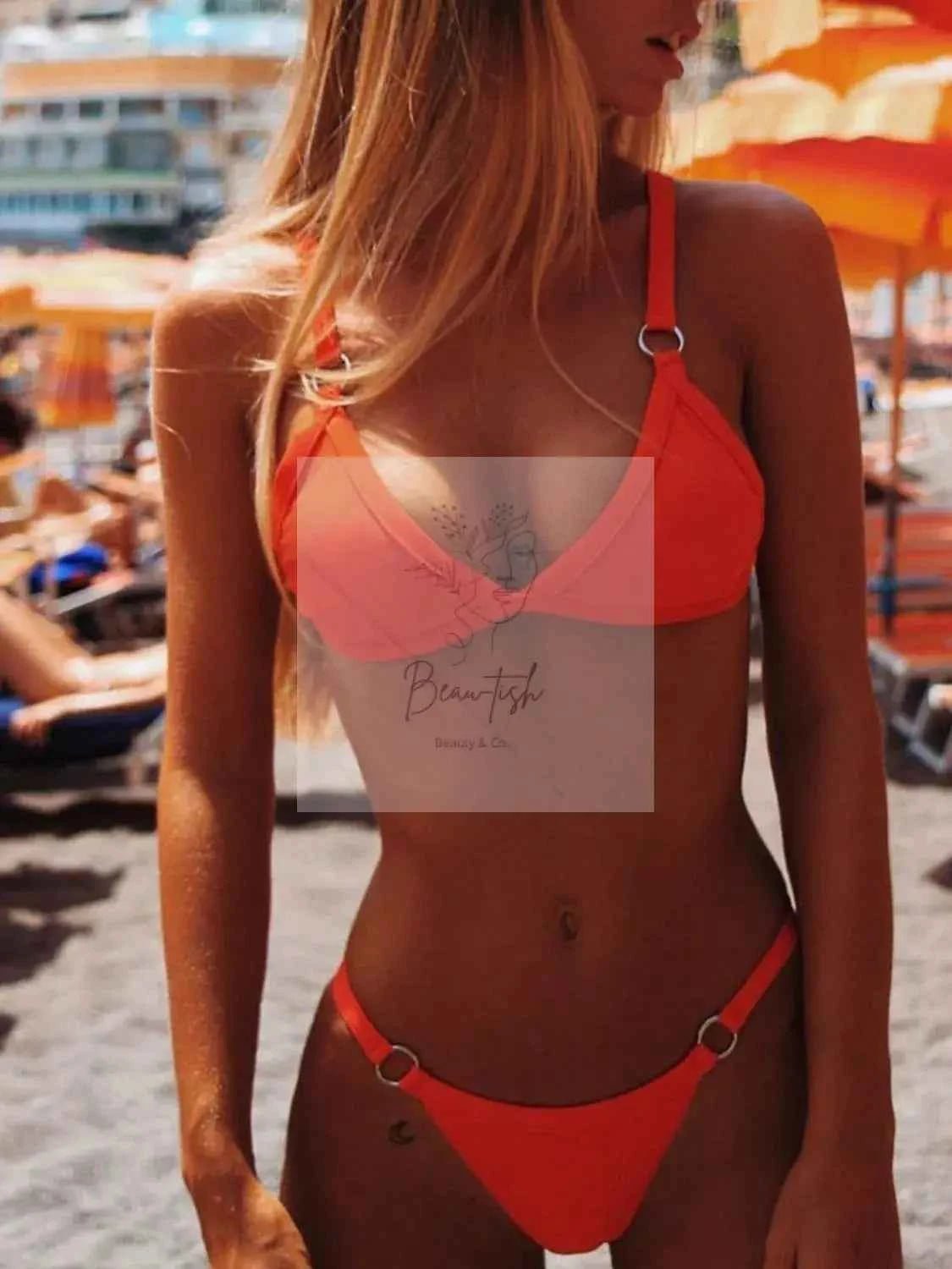 Solid Color Ring Detail Bikini Set