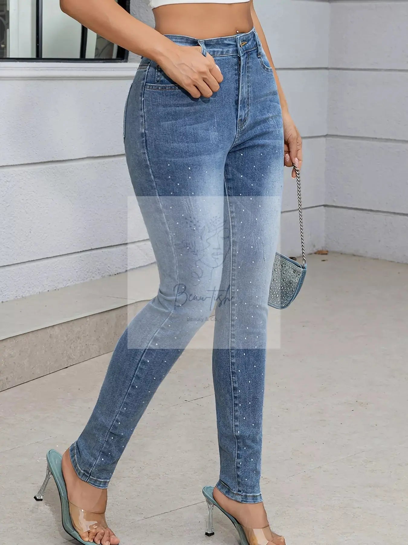 Sparkling Rhinestone High Waist Skinny Jeans