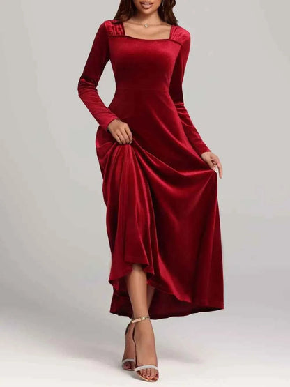 Square Neck Long Sleeve Velvet Dress