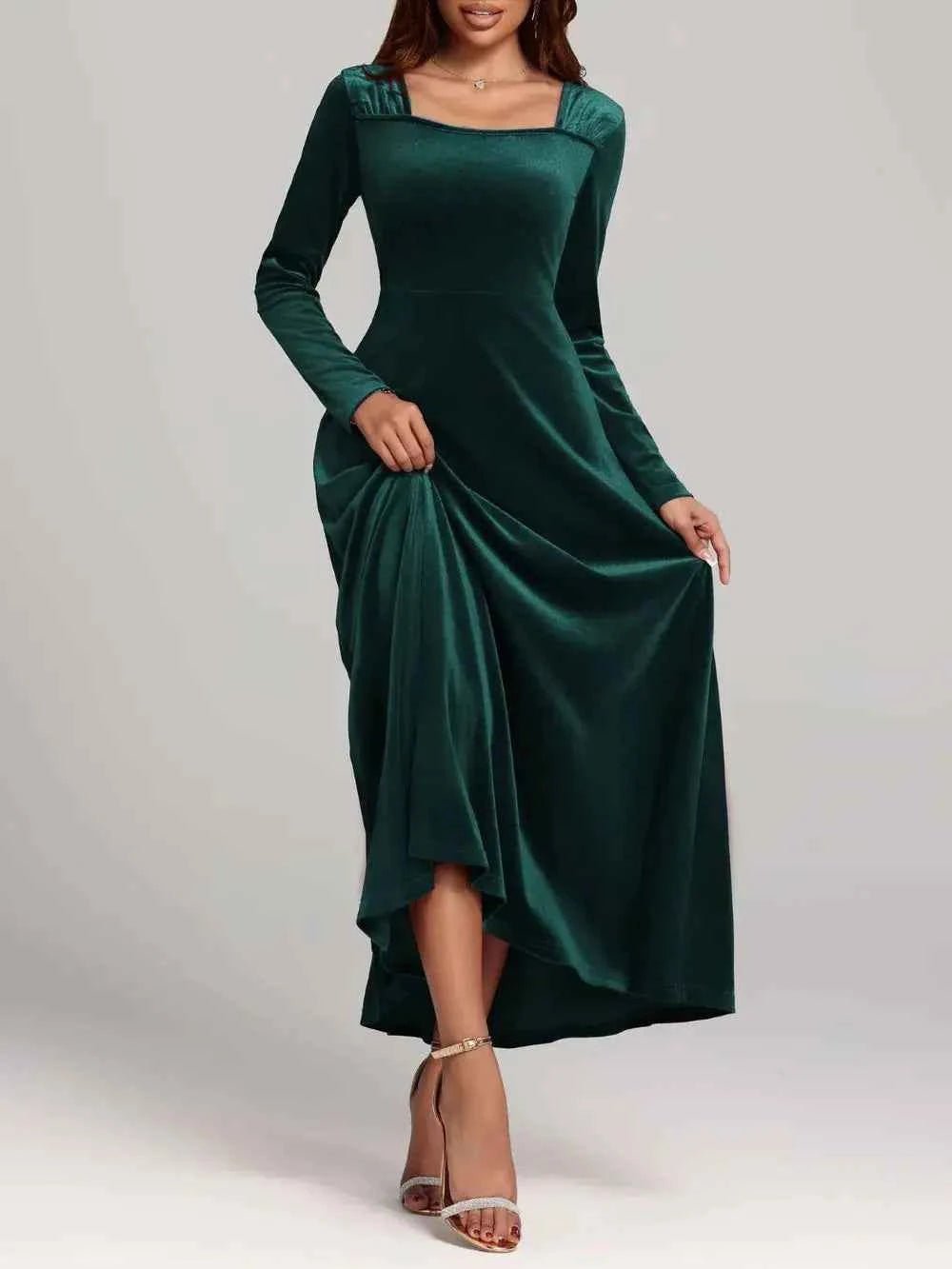 Square Neck Long Sleeve Velvet Dress