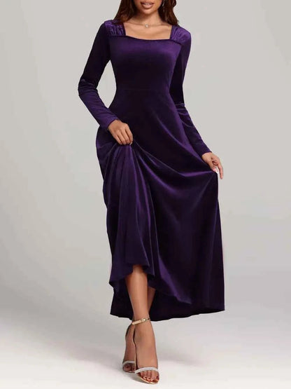 Square Neck Long Sleeve Velvet Dress