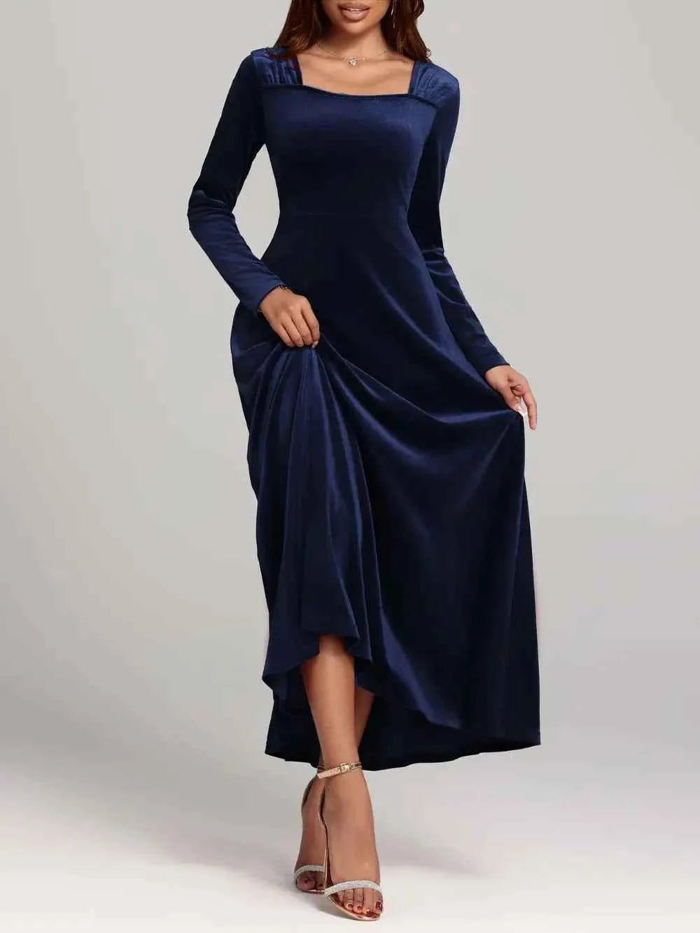 Square Neck Long Sleeve Velvet Dress