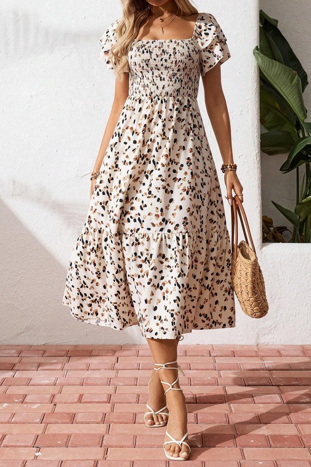 Square Neck Ruffle Sleeve Midi Dress