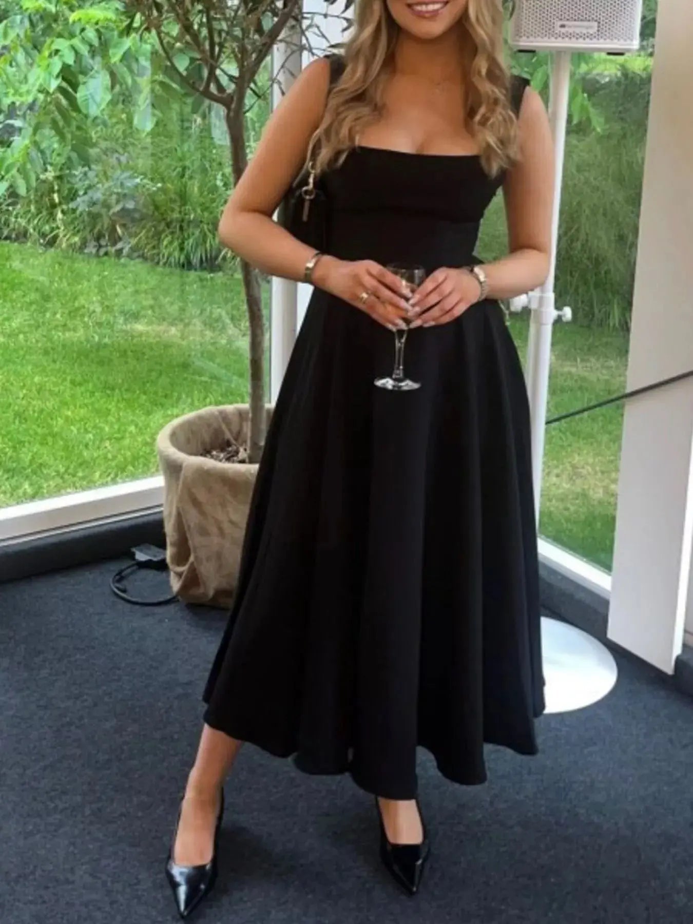 Square Neck Wide Strap A - Line Dress