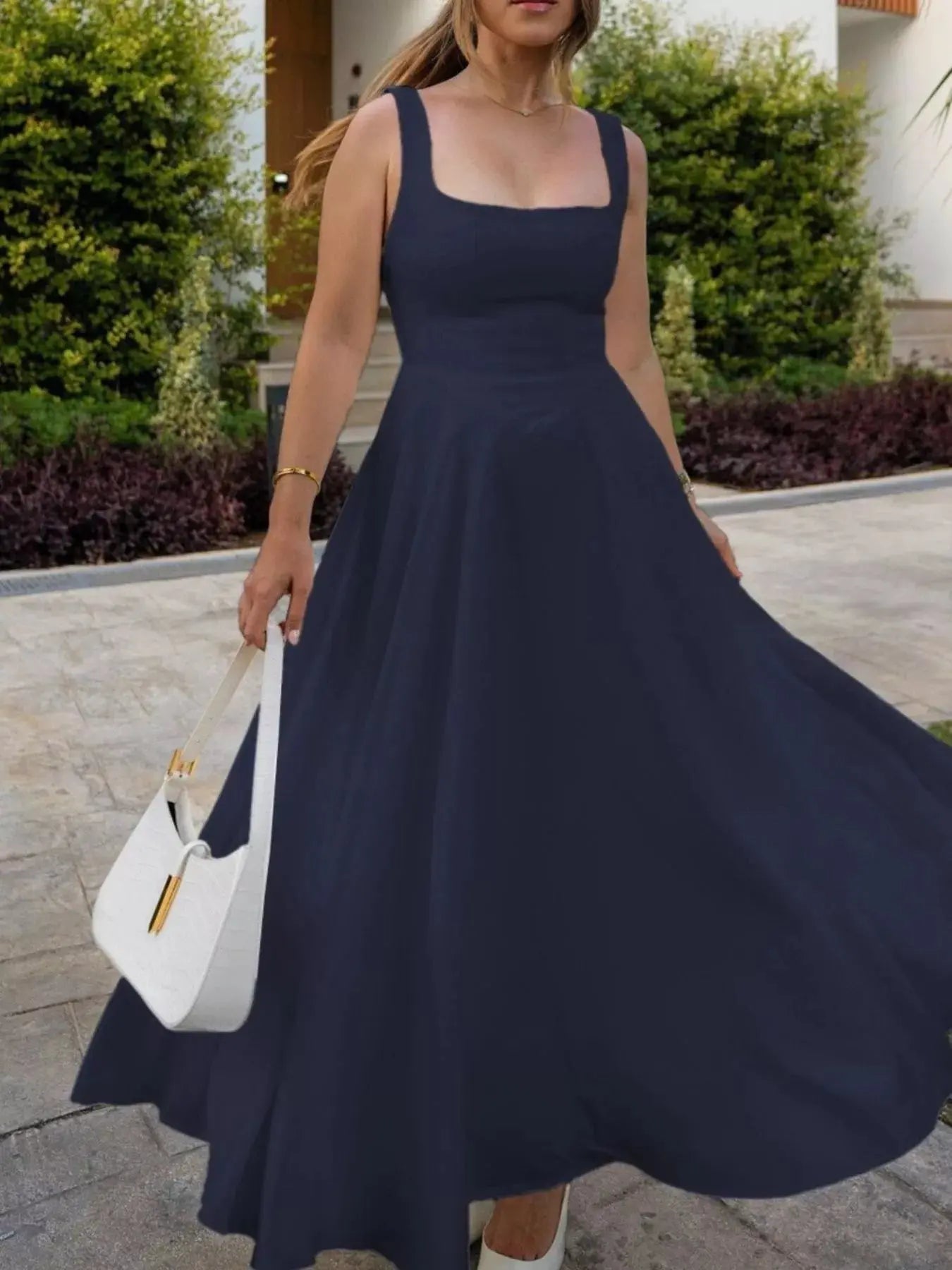 Square Neck Wide Strap A - Line Dress