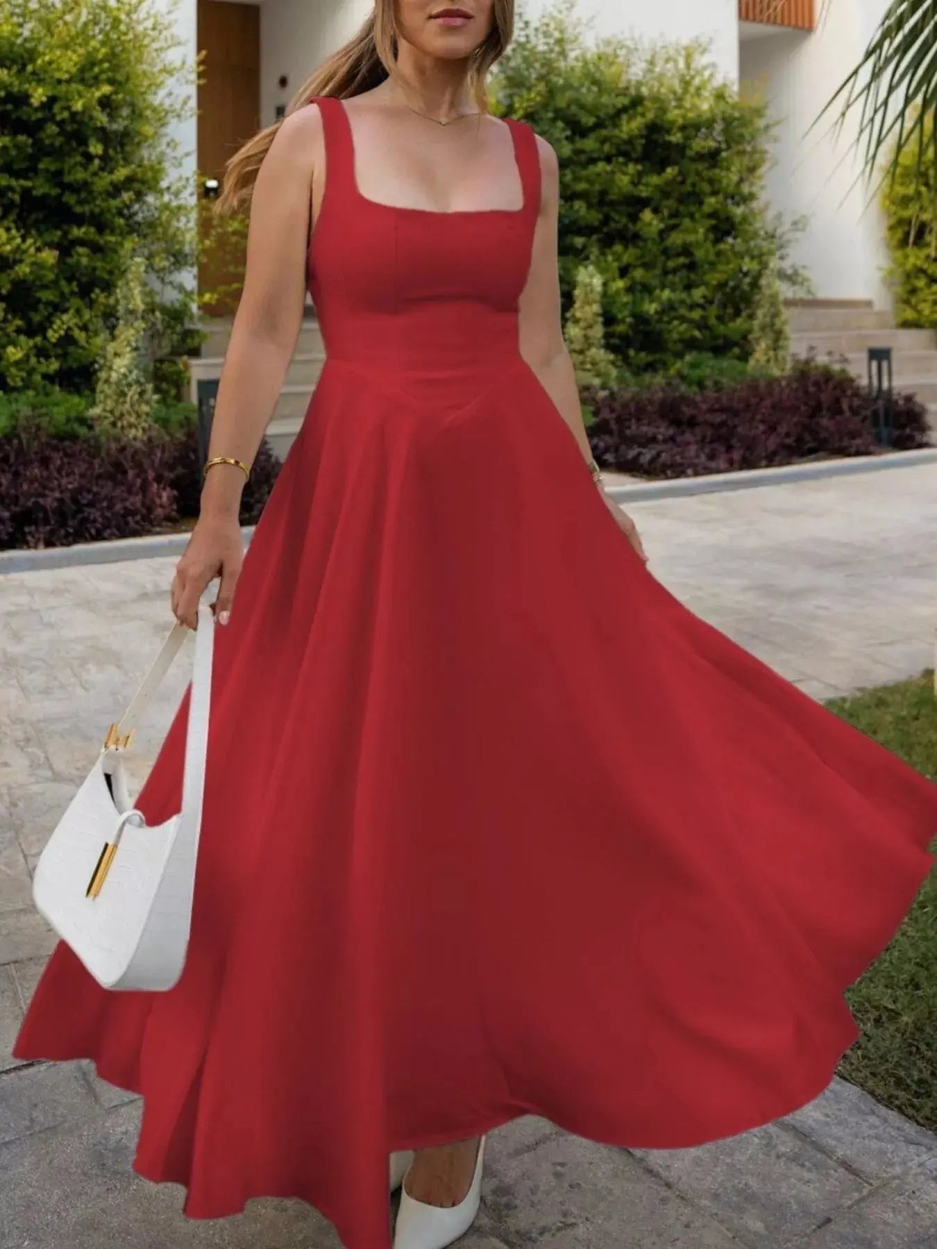 Square Neck Wide Strap A - Line Dress