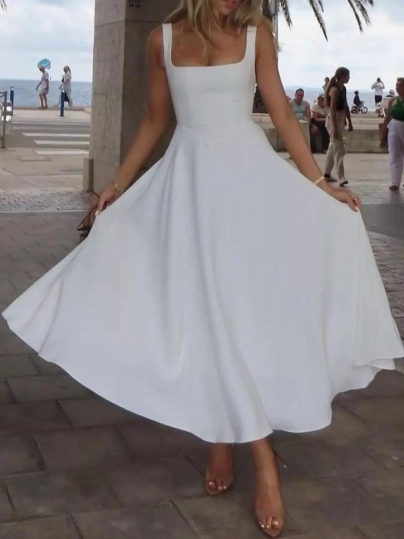 Square Neck Wide Strap A - Line Dress