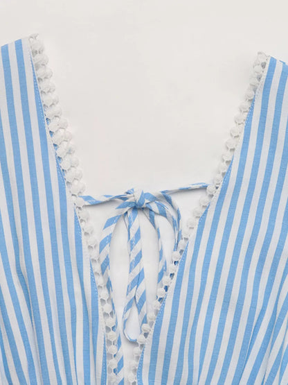 Striped Pom-Pom Trim Tie Front Sleeveless Mini Dress