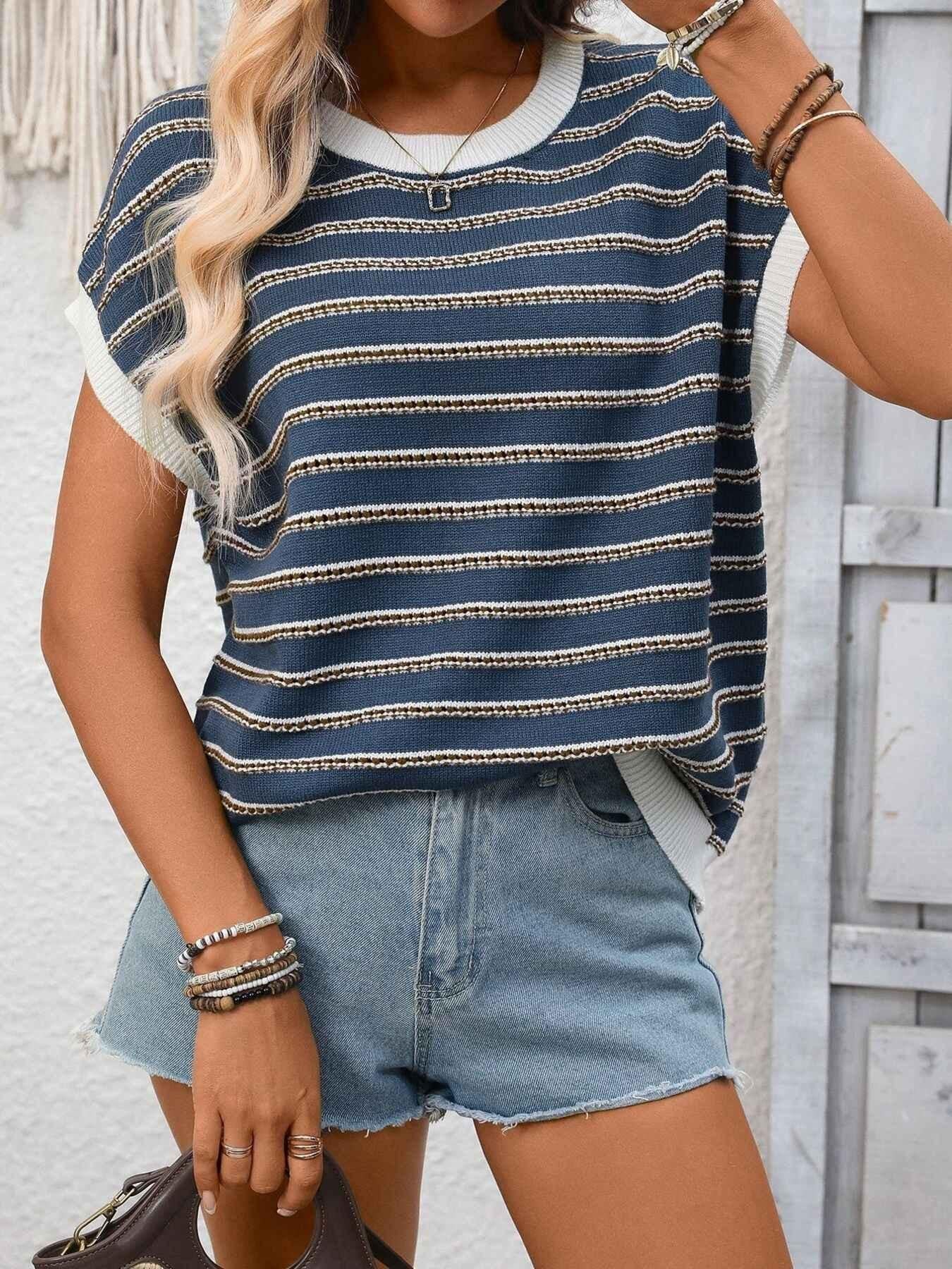 Striped Round Neck Short Sleeve Sweater