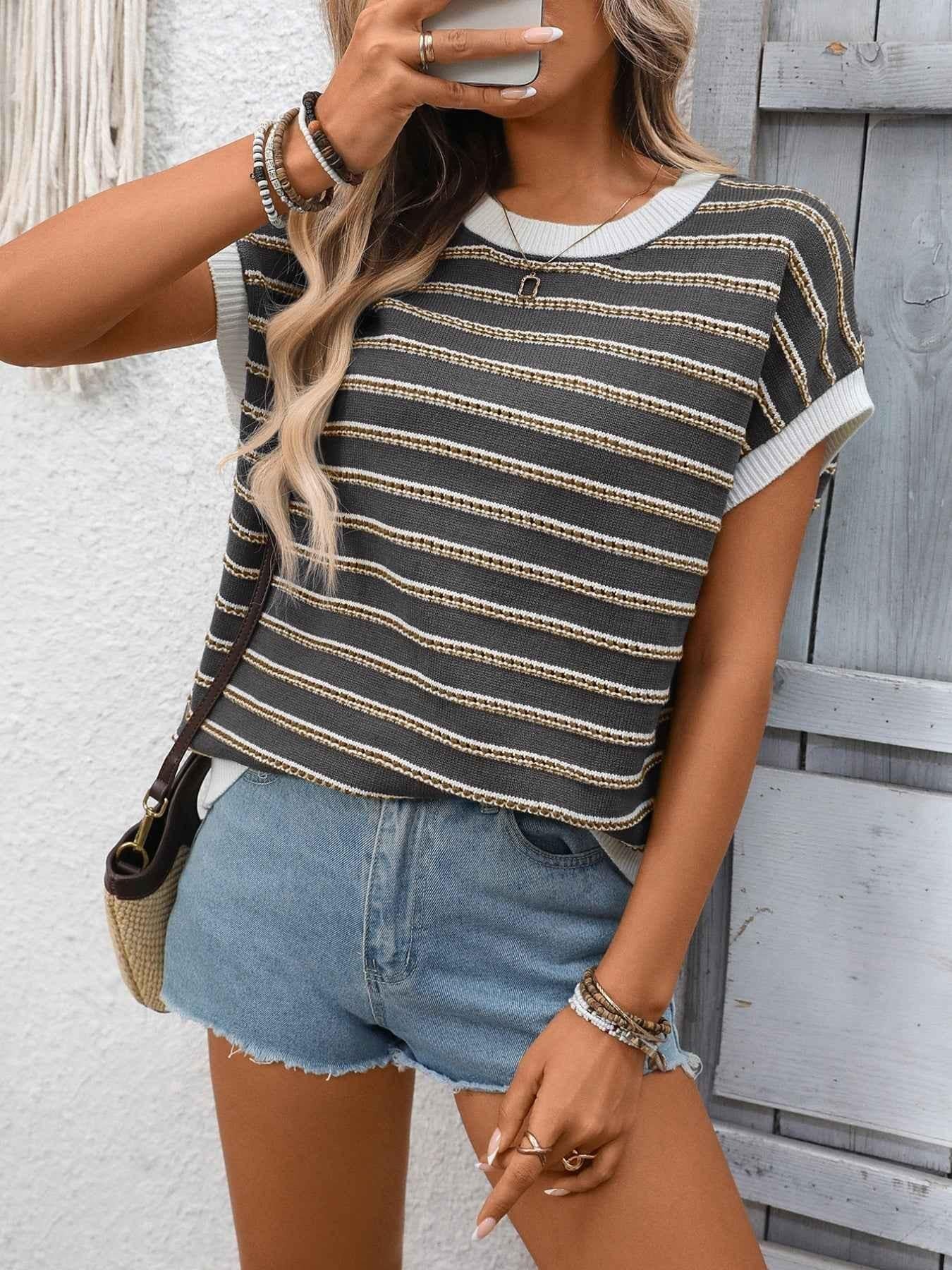 Striped Round Neck Short Sleeve Sweater
