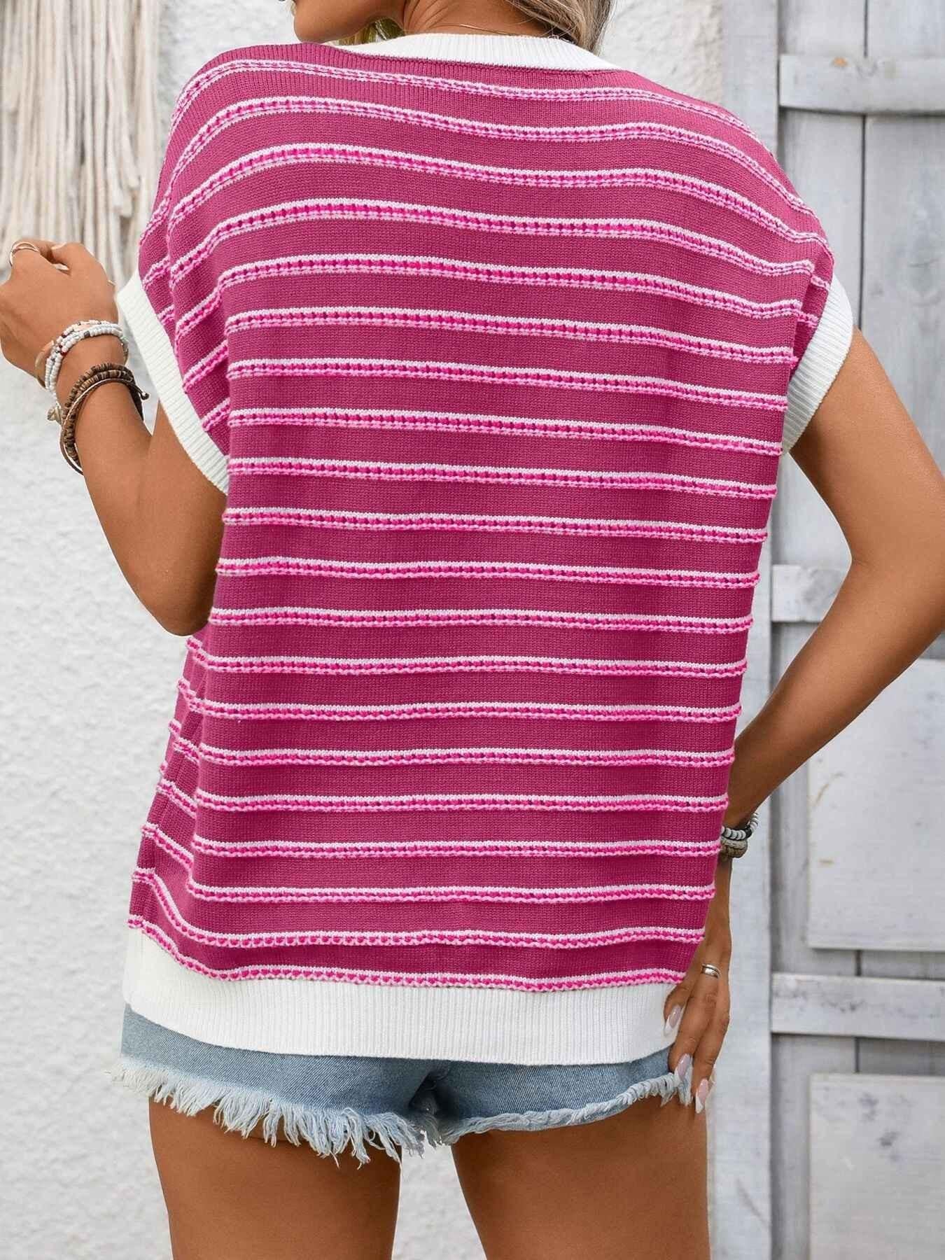 Striped Round Neck Short Sleeve Sweater