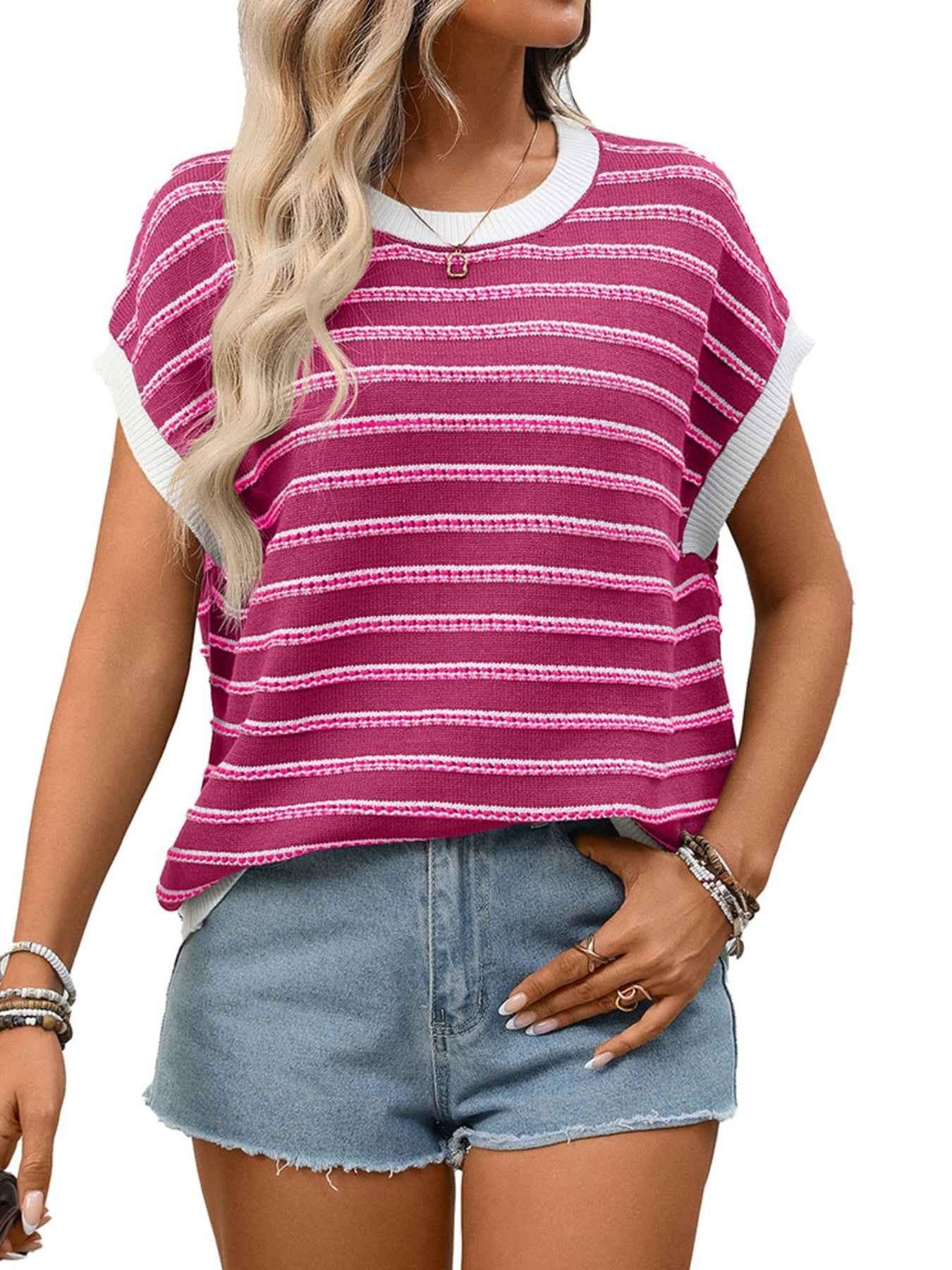 Striped Round Neck Short Sleeve Sweater