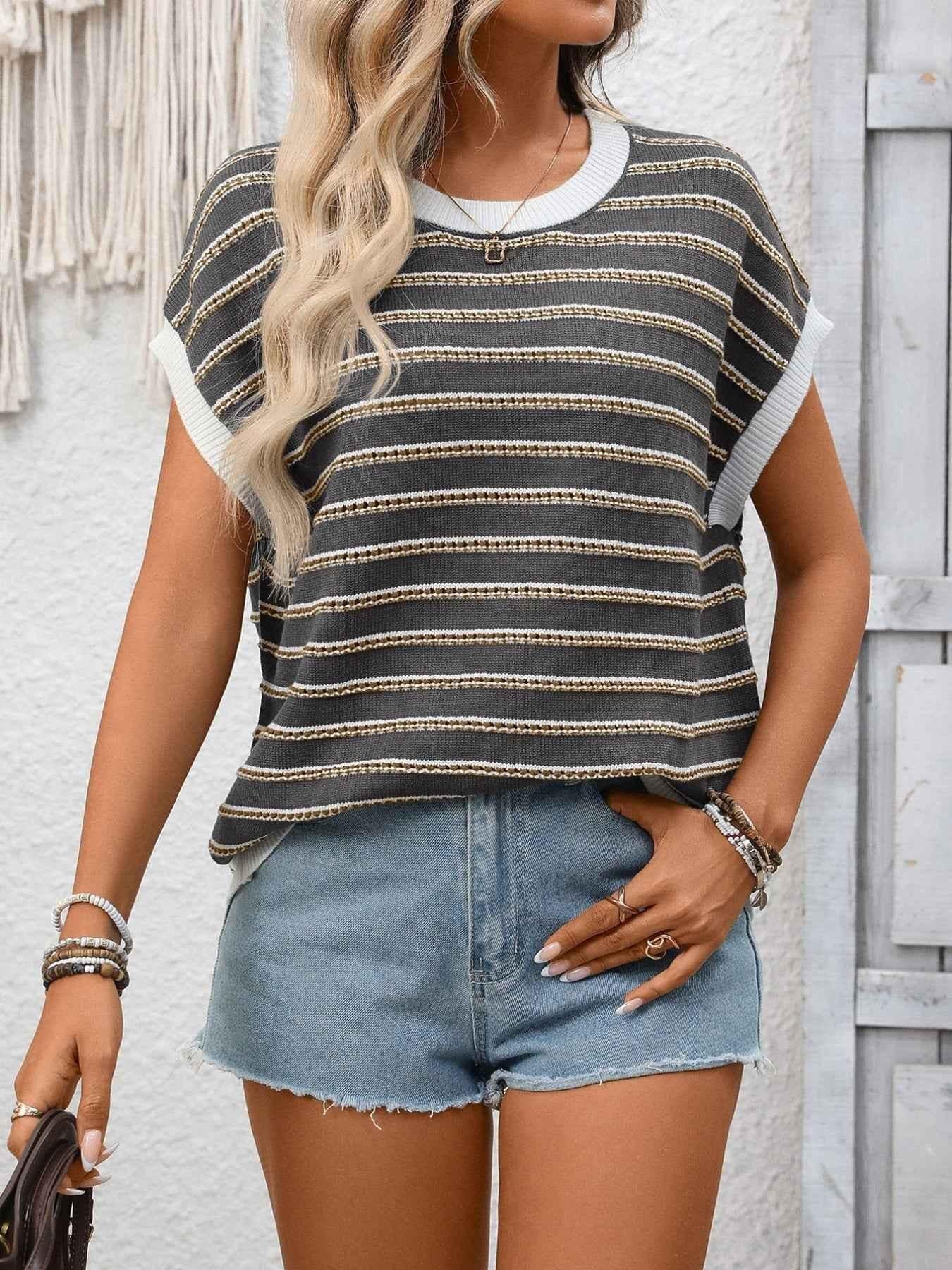 Striped Round Neck Short Sleeve Sweater