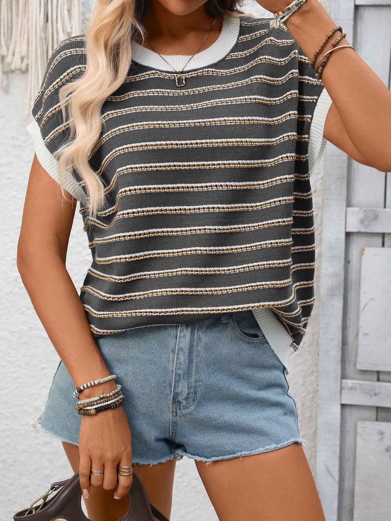Striped Round Neck Short Sleeve Sweater
