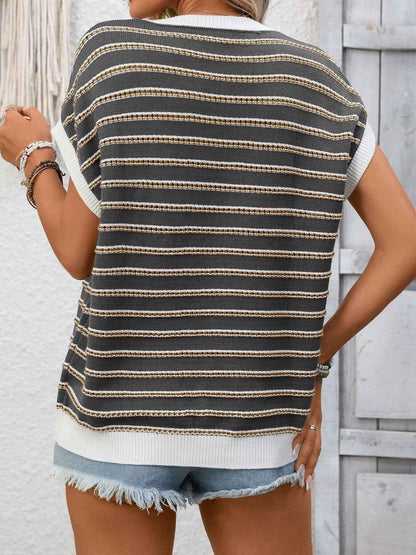 Striped Round Neck Short Sleeve Sweater