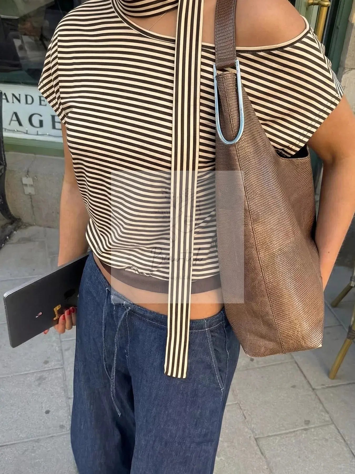 Striped Single Shoulder T-Shirt