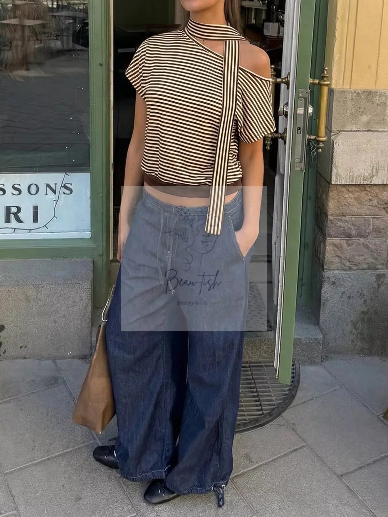 Striped Single Shoulder T-Shirt