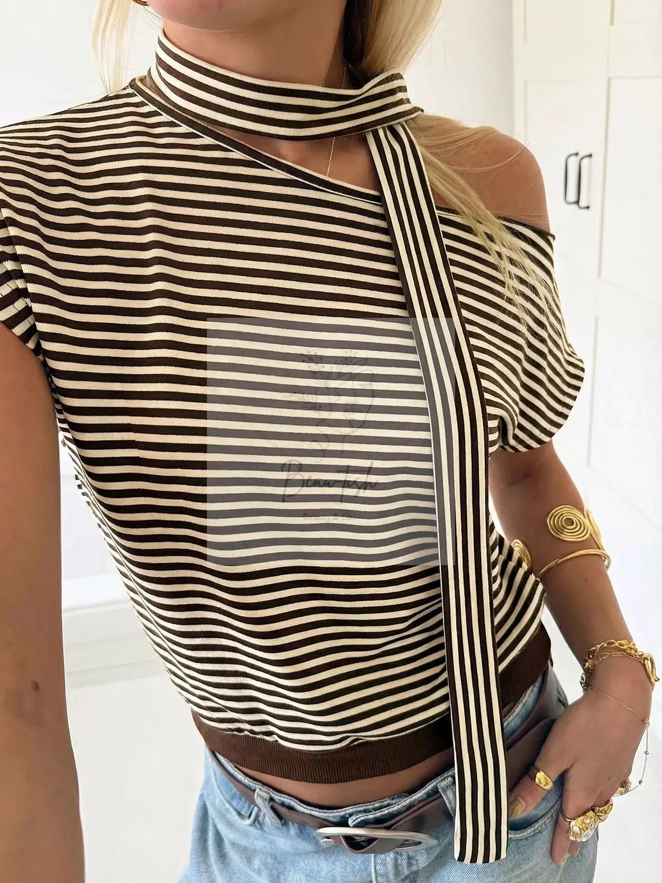Striped Single Shoulder T-Shirt