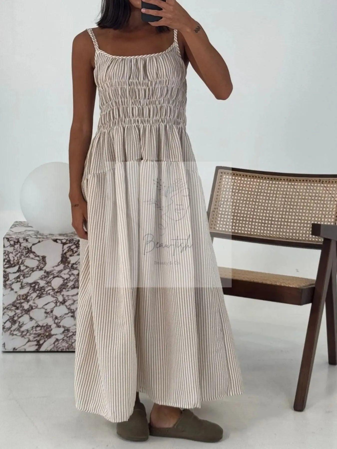 Striped Smocked Bodice Midi Dress