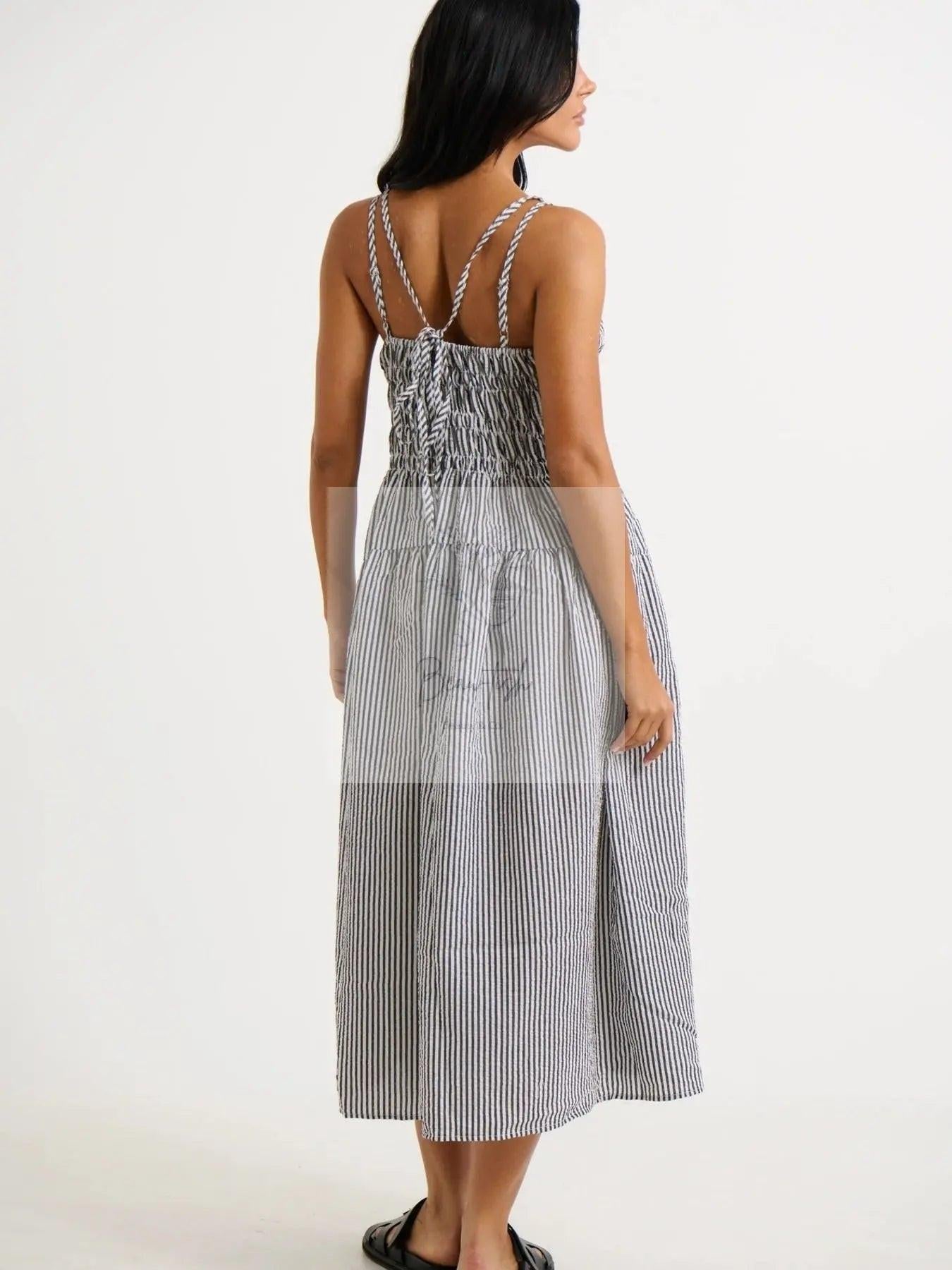 Striped Smocked Bodice Midi Dress