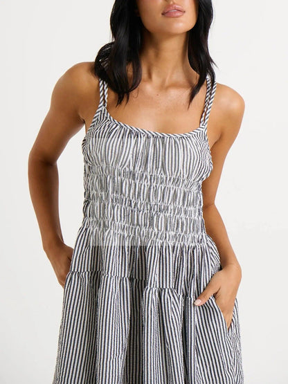 Striped Smocked Bodice Midi Dress