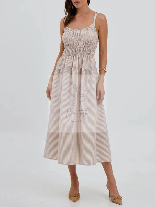 Striped Smocked Bodice Midi Dress