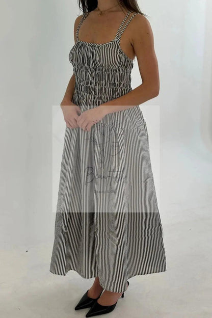 Striped Smocked Bodice Midi Dress
