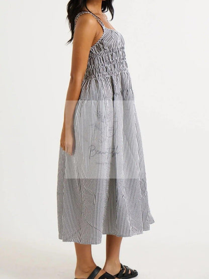 Striped Smocked Bodice Midi Dress