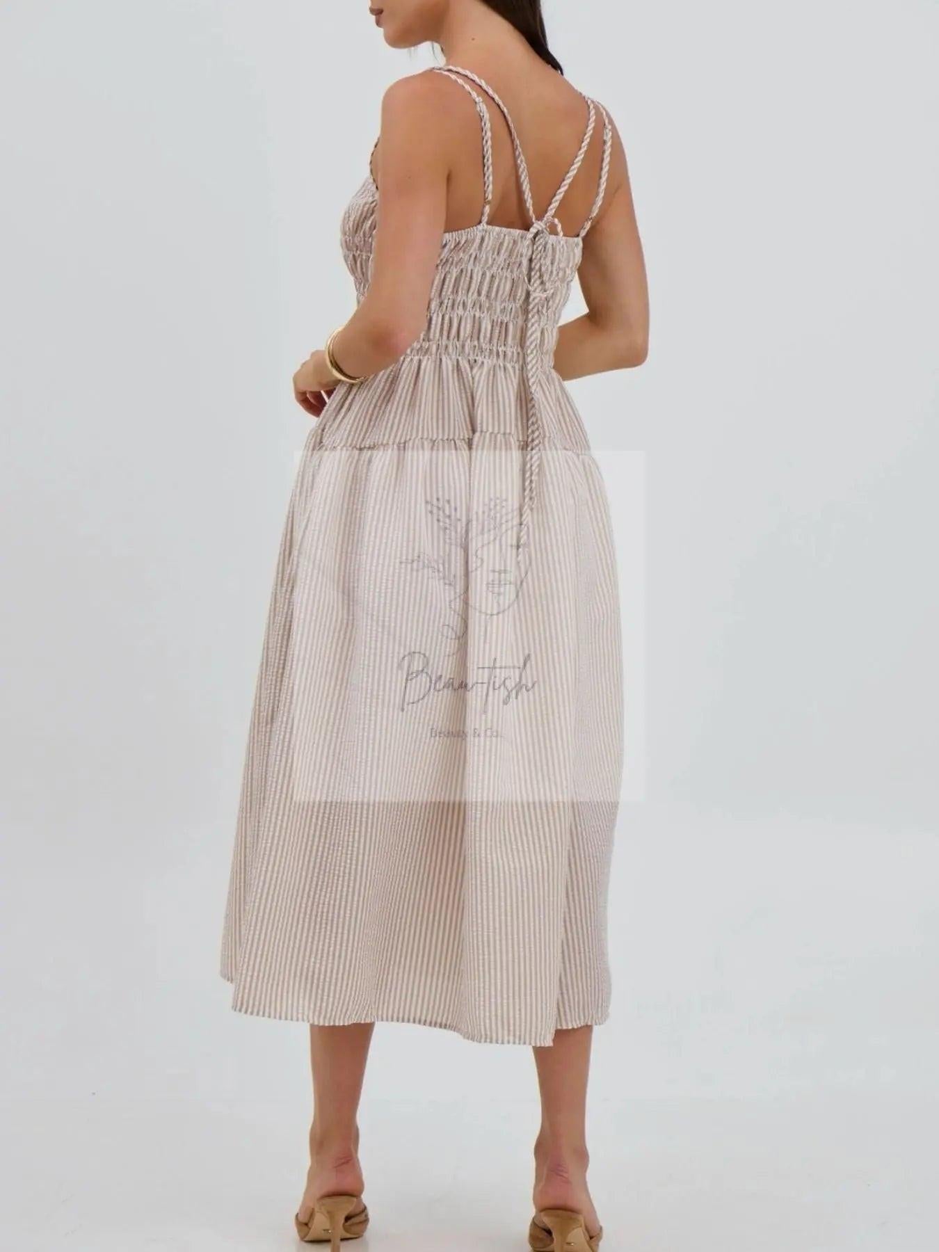 Striped Smocked Bodice Midi Dress