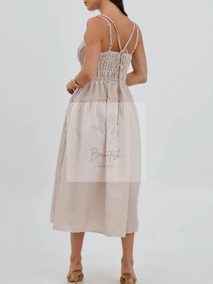 Striped Smocked Bodice Midi Dress