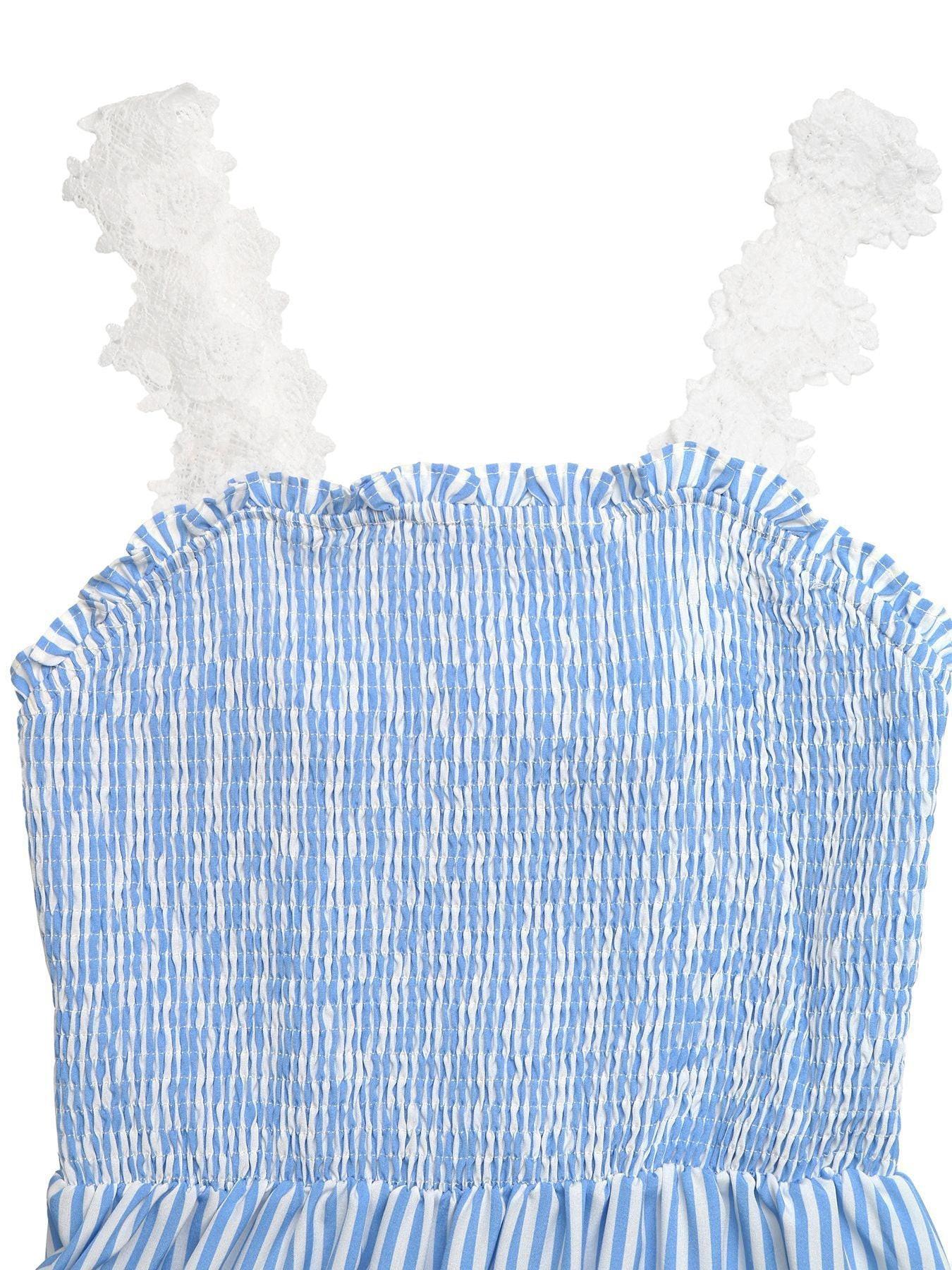 Striped Smocked Lace Trim Midi Dress