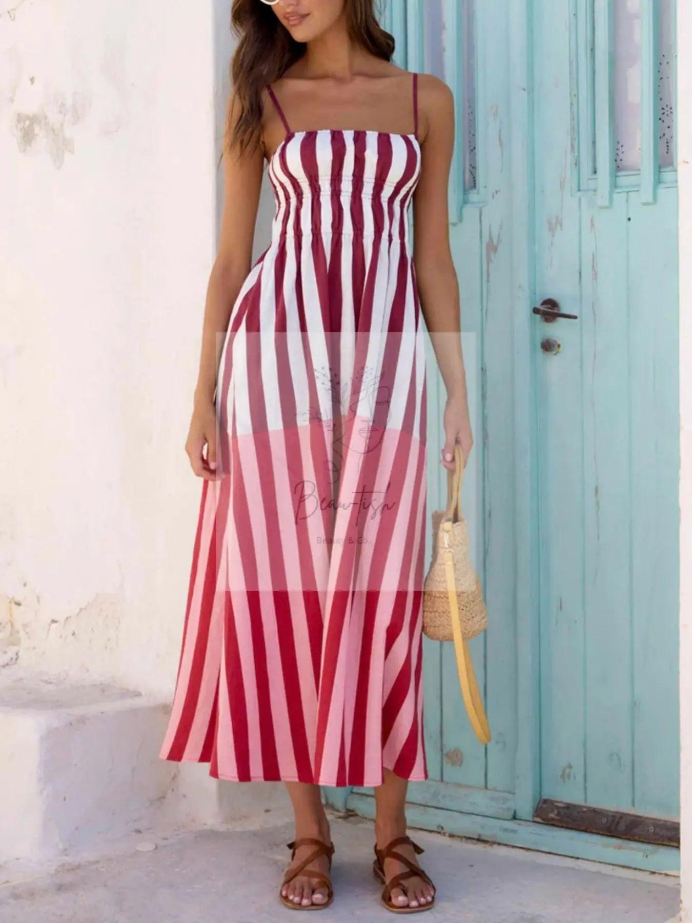 Striped Spaghetti Strap Casual Midi Dress