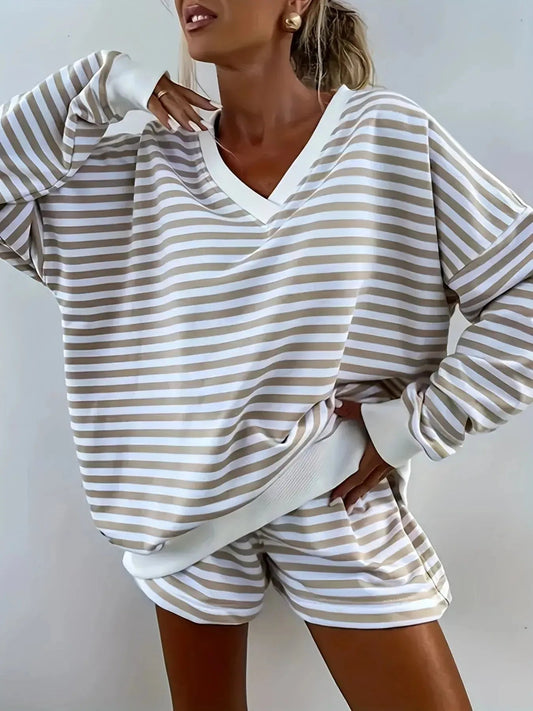 Striped V - Neck Top and Shorts Set