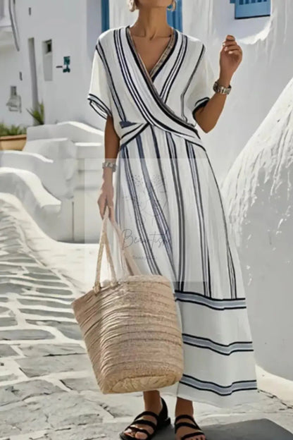 Striped Wrap Half Sleeve Maxi Dress