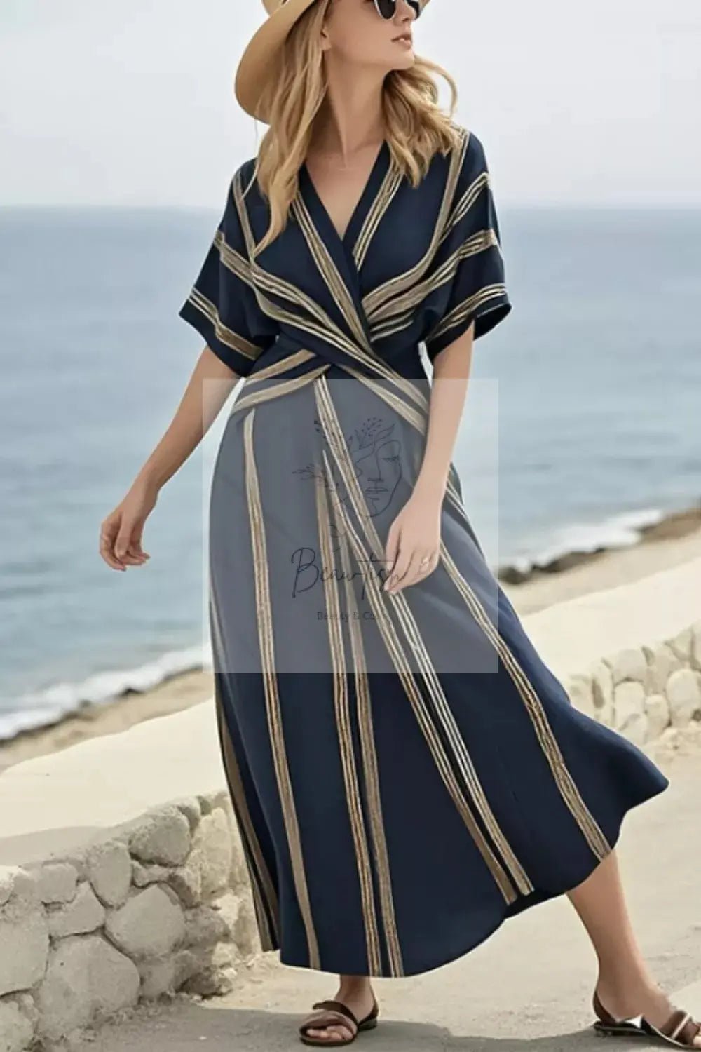 Striped Wrap Half Sleeve Maxi Dress