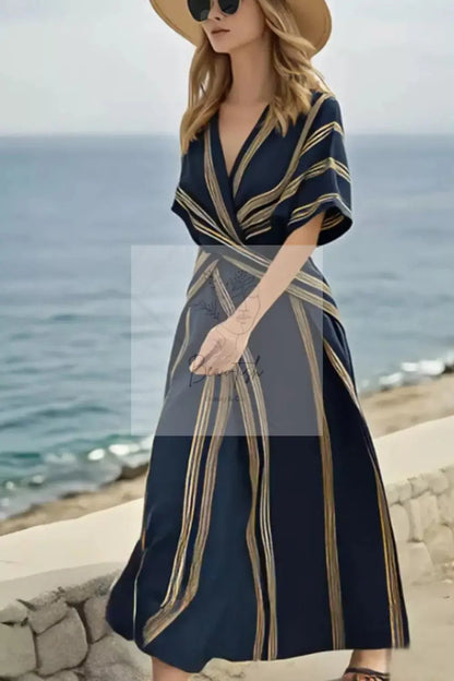 Striped Wrap Half Sleeve Maxi Dress