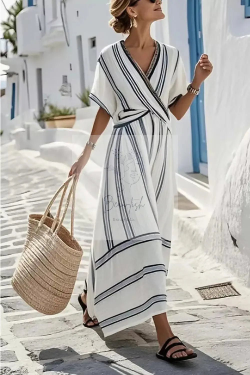 Striped Wrap Half Sleeve Maxi Dress