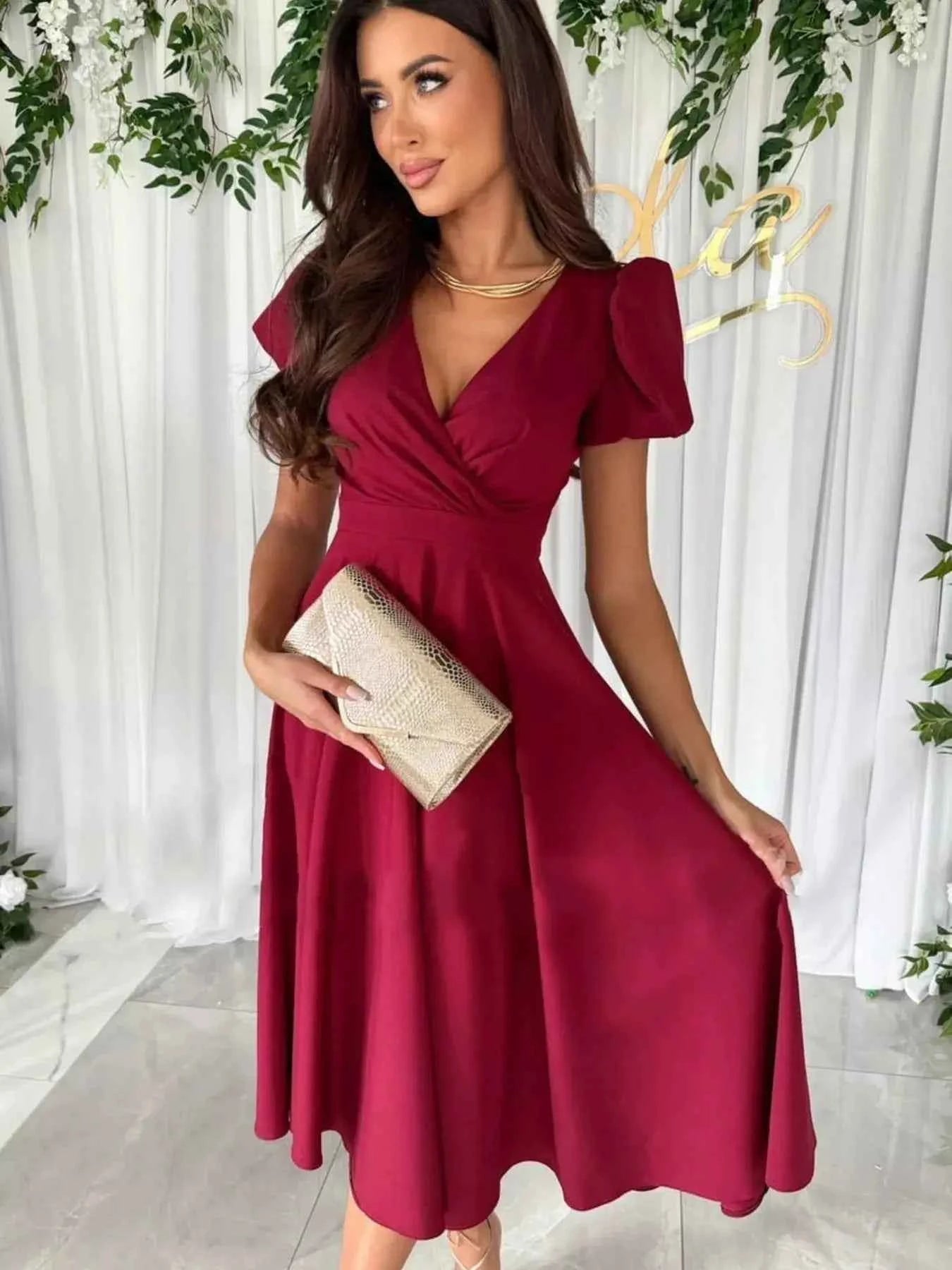 Surplice Short Sleeve Midi Dress
