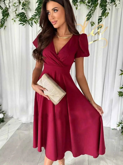 Surplice Short Sleeve Midi Dress
