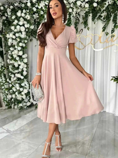 Surplice Short Sleeve Midi Dress