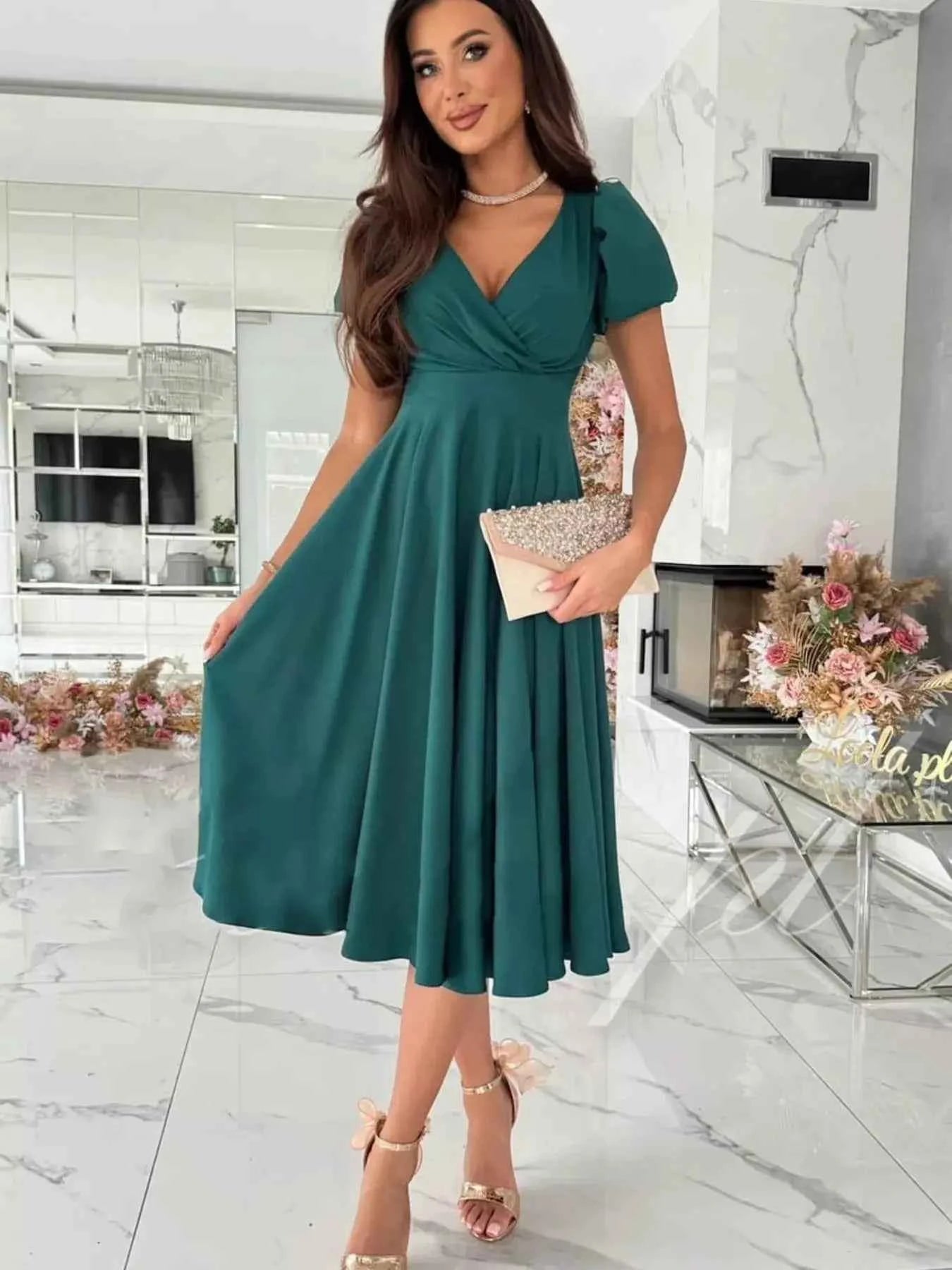 Surplice Short Sleeve Midi Dress