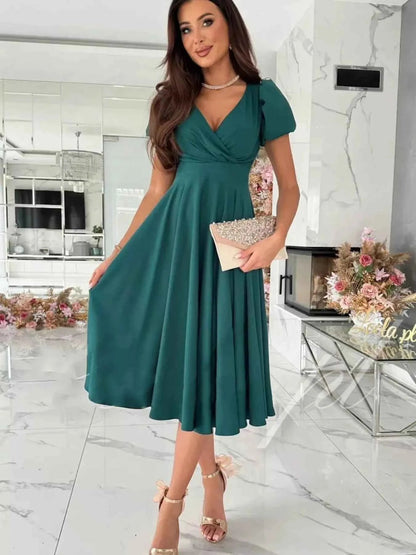 Surplice Short Sleeve Midi Dress