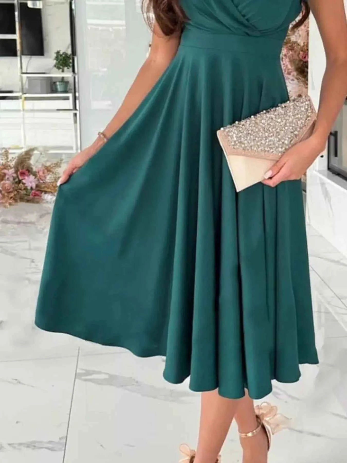 Surplice Short Sleeve Midi Dress
