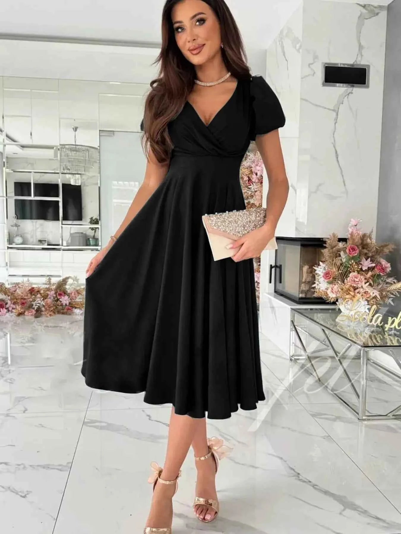 Surplice Short Sleeve Midi Dress
