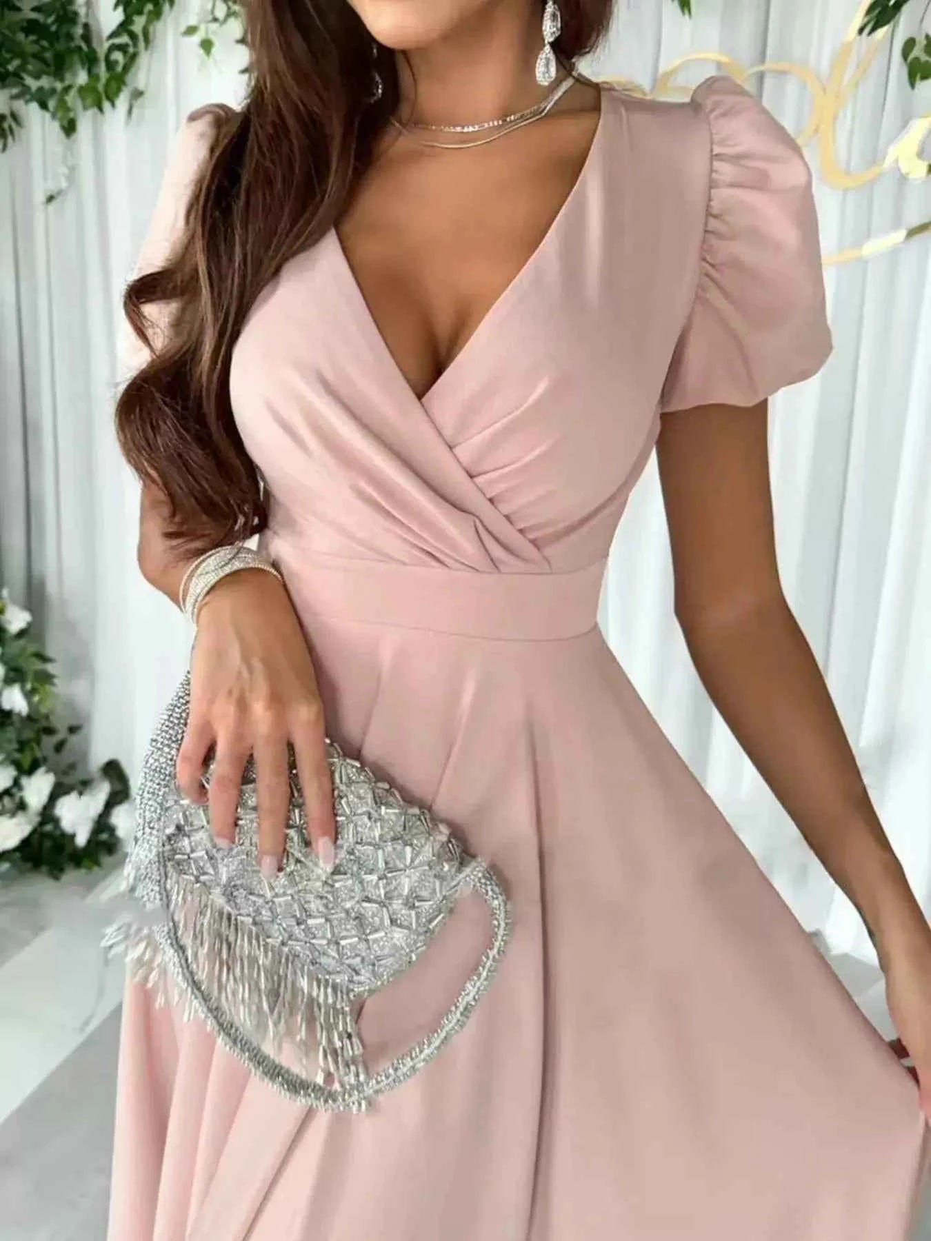 Surplice Short Sleeve Midi Dress